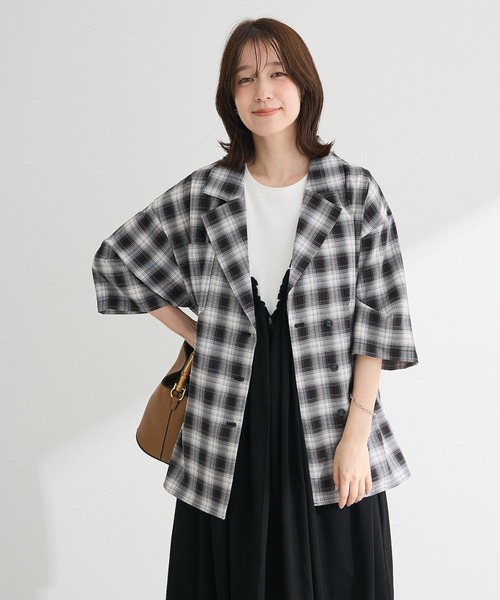 Green　Parks（グリーンパークス）の「チェック5分袖ジャケット（テーラードジャケット・レディース・ベージュ/ブラック・FREE）」の18枚目の写真