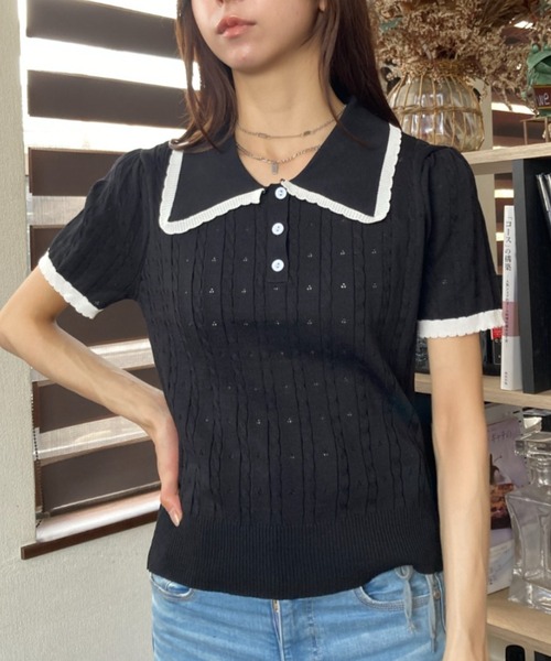セール】レース編みフリル ポロ襟 サマー半袖 ニット