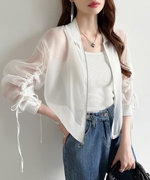 COCOMOMO（ココモモ）の「ギャザースリーブシアーブルゾン リボン シアー ブルゾン ショート丈 アウター ドット 無地（ブルゾン・レディース）」