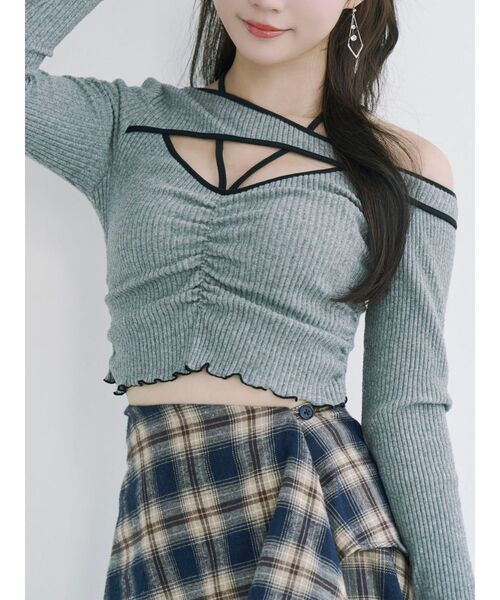 EATME（イートミー）の「ワンショルバイカラーリブTOP（Tシャツ/カットソー・レディース・ブラウン/グレー/アイボリー・FREE）」の3枚目の写真