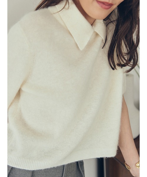 ポロ衿クロップド丈モヘアニットトップス（ニット/セーター）｜Mila