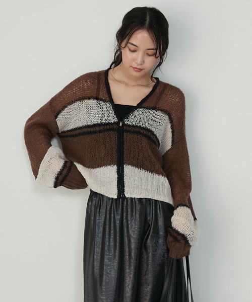 forksy.】マルチボーダーモヘアタッチ シアージップカーディガン