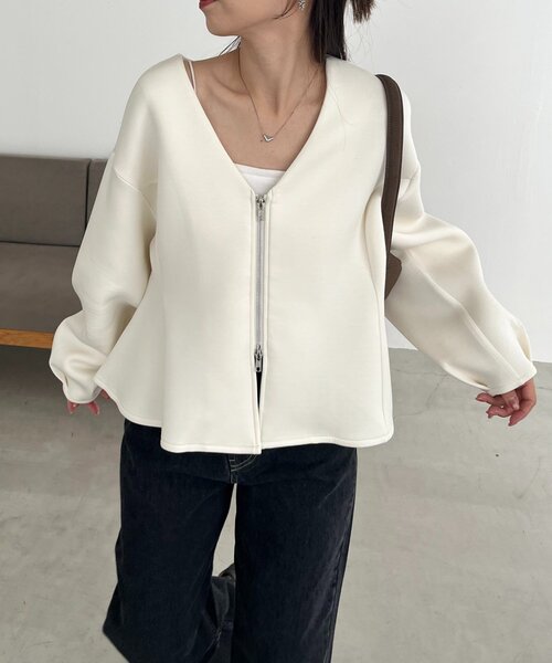 今期新作！即納【伸縮性◎】ペプラムジップカーディガンカプリシュレマージュ 今期新作！即納【伸縮性◎】ペプラムジップカーディガンカプリ