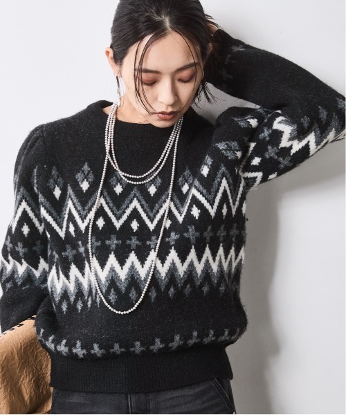 CHIC STYLE（シックスタイル）の「ジャガードパフスリーブニット＜大きいサイズ有＞シックスタイル（ニット/セーター・レディース・ブラウン系/ブラック系・L/M/5L/4L/3L/LL）」の2枚目の写真