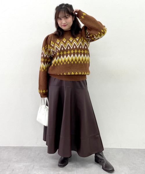 CHIC STYLE（シックスタイル）の「ジャガードパフスリーブニット＜大きいサイズ有＞シックスタイル（ニット/セーター・レディース・ブラウン系/ブラック系・L/M/5L/4L/3L/LL）」の5枚目の写真