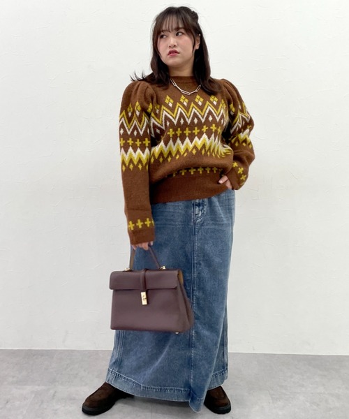 CHIC STYLE（シックスタイル）の「ジャガードパフスリーブニット＜大きいサイズ有＞シックスタイル（ニット/セーター・レディース・ブラウン系/ブラック系・L/M/5L/4L/3L/LL）」の6枚目の写真