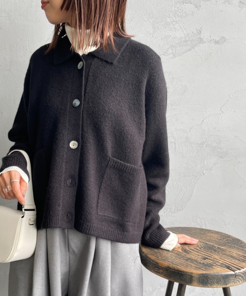 mizuiroind（ミズイロインド）の「[mizuiro ind/ミズイロインド] ショート丈 襟付きニットカーディガン（カーディガン/ボレロ・レディース・ブラック/ダークグレー・F）」の2枚目の写真
