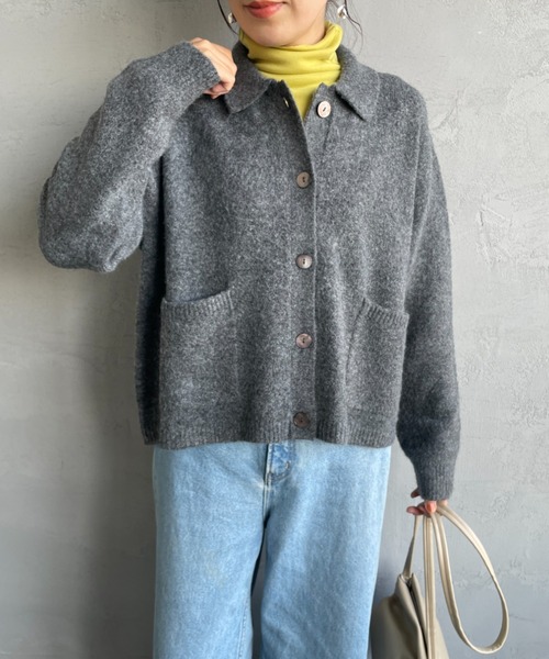 mizuiro ind/ミズイロインド] ショート丈 襟付きニットカーディガン