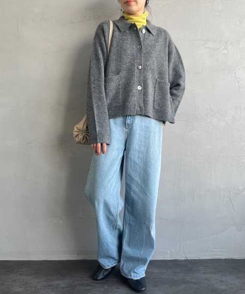 mizuiro ind/ミズイロインド] ショート丈 襟付きニットカーディガン