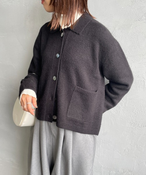 mizuiroind（ミズイロインド）の「[mizuiro ind/ミズイロインド] ショート丈 襟付きニットカーディガン（カーディガン/ボレロ・レディース・ブラック/ダークグレー・F）」の6枚目の写真