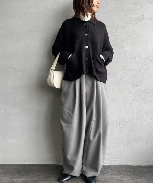 mizuiro ind/ミズイロインド] ショート丈 襟付きニットカーディガン