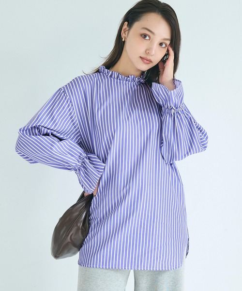 coca(coca)(コカ)の「スタンドフリルブラウス(シャツ/ブラウス・レディース・ホワイト/ストライプ・L/M/S)」の1枚目の写真