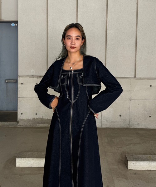 AMERI ワンピース 中古・古着通販】Ameri (アメリ) LACE SLEEVE REFINED DRESS サックス