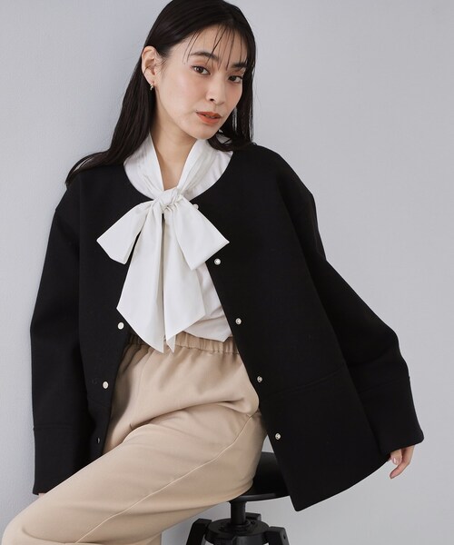 OPAQUE.CLIP（オペークドットクリップ）の「ウールライクメルトン ノーカラーコート【洗濯機OK】（ノーカラーコート・レディース・グレー/ブラック/ライトベージュ/ブラウン系その他5・36/38/40/42）」の5枚目の写真