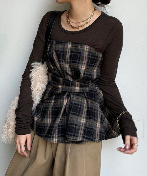 DouDou（ドゥドゥ）の「起毛チェックビスチェ（その他トップス・レディース・ブラック/キャメル・FREE）」の2枚目の写真
