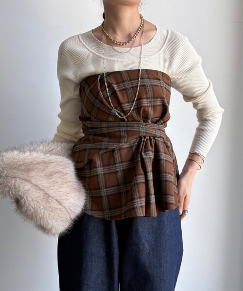 ドゥドゥ　DouDou　ベスト 2025AW 　ビスチェ　カーキ　新品未使用 セール】起毛チェックビスチェ（その他トップス）｜DouDou（ドゥドゥ