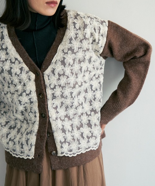 Crisp(クリスプ)の「フラワーレースニットカーディガン(カーディガン/ボレロ・レディース・ブラウン/グレー・FREE)」の5枚目の写真