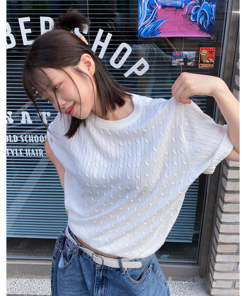 WORK ON BODY OFF（ワークオンボディオフ）の「[ウォッシャブル] ビスコースコットンケーブル半袖ニット [ホワイト]（Tシャツ/カットソー・レディース・ホワイト・X-LARGE/LARGE/MEDIUM）」の2枚目の写真