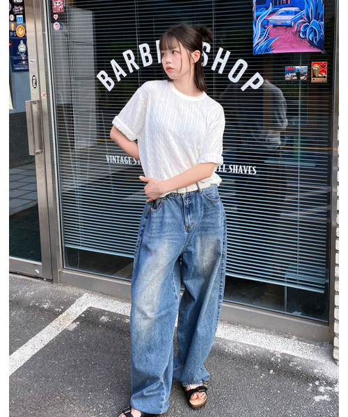 WORK ON BODY OFF（ワークオンボディオフ）の「[ウォッシャブル] ビスコースコットンケーブル半袖ニット [ホワイト]（Tシャツ/カットソー・レディース・ホワイト・X-LARGE/LARGE/MEDIUM）」の3枚目の写真