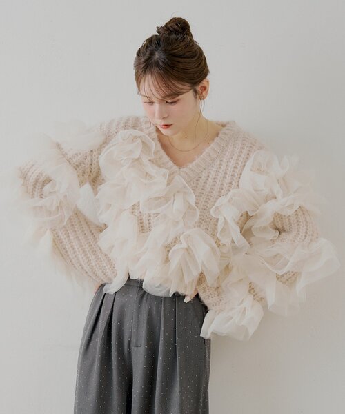 Chico（チコ）の「【SALON by Chico】ランダムチュールドッキングニット（ニット/セーター・レディース・ピンク/ブラック/アイボリー/グレー・FREE）」の20枚目の写真