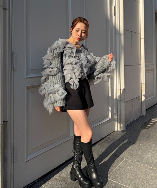 Chico（チコ）の「【SALON by Chico】ランダムチュールドッキングニット（ニット/セーター・レディース・ピンク/ブラック/アイボリー/グレー・FREE）」の5枚目の写真