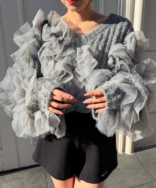 Chico（チコ）の「【SALON by Chico】ランダムチュールドッキングニット（ニット/セーター・レディース・ピンク/ブラック/アイボリー/グレー・FREE）」の6枚目の写真