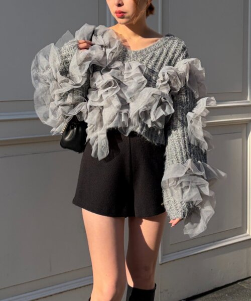 Chico（チコ）の「【SALON by Chico】ランダムチュールドッキングニット（ニット/セーター・レディース・ピンク/ブラック/アイボリー/グレー・FREE）」の8枚目の写真