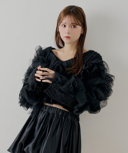 Chico（チコ）の「【SALON by Chico】ランダムチュールドッキングニット（ニット/セーター・レディース・ピンク/ブラック/アイボリー/グレー・FREE）」の14枚目の写真