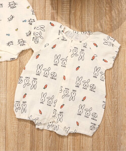 BREEZE（ブリーズ）の「ねこ・うさぎガーゼロンパス（ロンパース・キッズ・オレンジ/ブルー・60/70）」の2枚目の写真