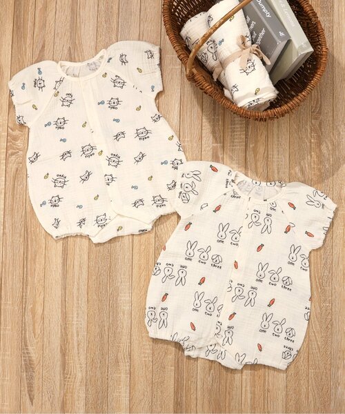 BREEZE（ブリーズ）の「ねこ・うさぎガーゼロンパス（ロンパース・キッズ・オレンジ/ブルー・60/70）」の3枚目の写真