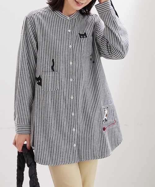 ❗お値下げしました❗カットワーク刺しゅう ジャージーチュニックシャツ 裏フリースネコ刺しゅうシャツチュニック（チュニック）｜BELLUNA PLUS