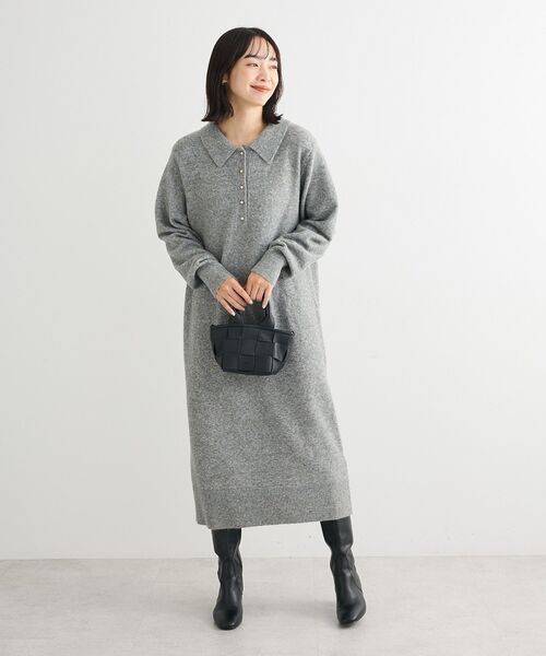 Green　Parks（グリーンパークス）の「金釦ポロシャツニットワンピース（ワンピース・レディース・杢グレー/ブラック・FREE）」の2枚目の写真