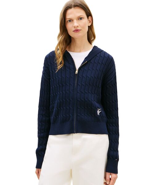 TOMMY HILFIGER(トミーヒルフィガー)の「コットンケーブルミドルゲージロングスリーブジップフーディー(ニット/セーター・レディース・マルチ/ホワイト・SMALL/X-SMALL/XX-SMALL)」の2枚目の写真