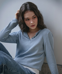 ボタンポイントリブドロングスリーブTシャツ_ブルー
