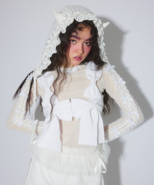 Candy Stripper(キャンディストリッパー)の「DEVIL LACE ボンネット(ニットキャップ/ビーニー・レディース・オフホワイト/ブラック・FREE)」の6枚目の写真