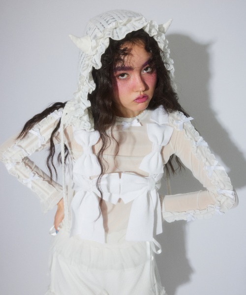 Candy Stripper(キャンディストリッパー)の「DEVIL LACE ボンネット(ニットキャップ/ビーニー・レディース・オフホワイト/ブラック・FREE)」の7枚目の写真