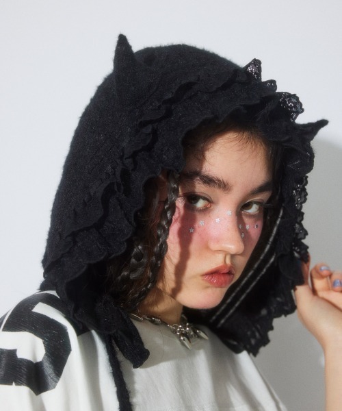 Candy Stripper(キャンディストリッパー)の「DEVIL LACE ボンネット(ニットキャップ/ビーニー・レディース・オフホワイト/ブラック・FREE)」の19枚目の写真