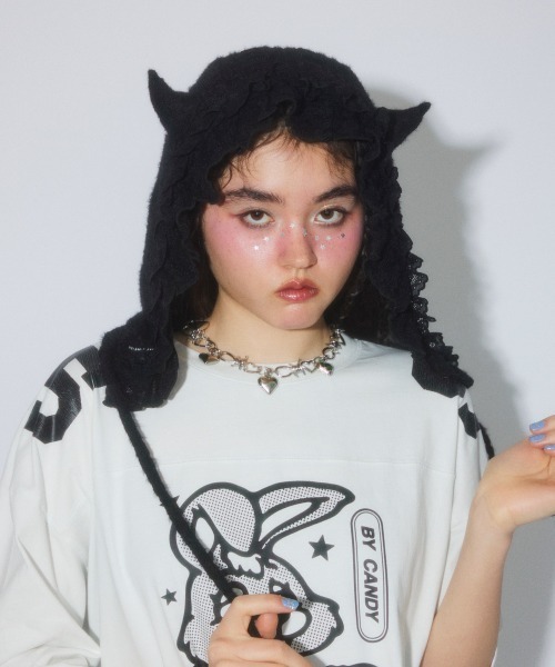 Candy Stripper(キャンディストリッパー)の「DEVIL LACE ボンネット(ニットキャップ/ビーニー・レディース・オフホワイト/ブラック・FREE)」の21枚目の写真