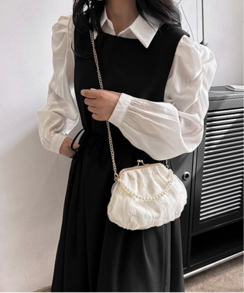 Maison Calme(メゾンカルム)の「【2WAY】ふんわりチュールパールハンドルがま口ショルダーバック オケージョン パーティー(ショルダーバッグ・レディース・ブラック/ホワイト/グリーン・F)」の15枚目の写真