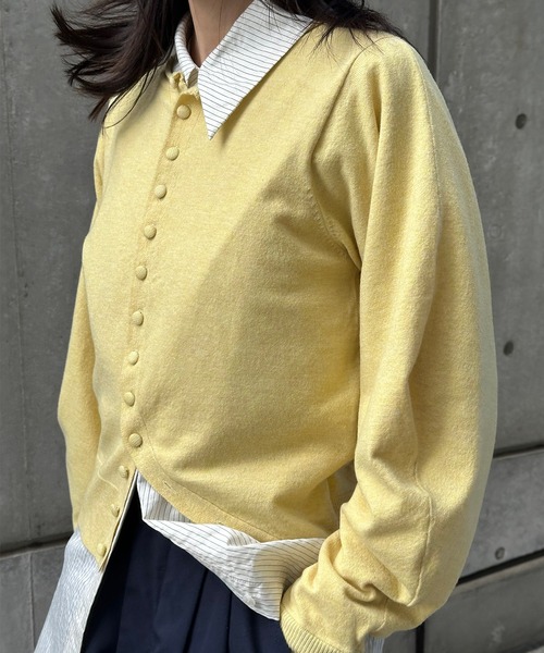 セール】Puff Sleeve Color Block Covered Button Cardigan