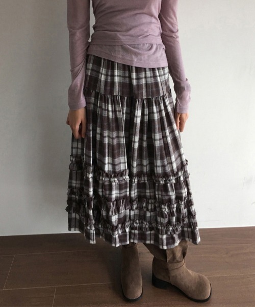 ReRe(リリ)の「チェック柄ティアードスカート(スカート・レディース・ネイビー/ブラウン・FREE)」の7枚目の写真
