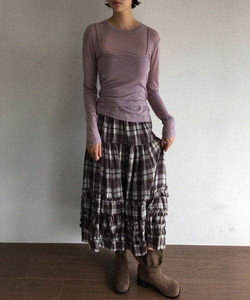 ReRe(リリ)の「チェック柄ティアードスカート(スカート・レディース・ネイビー/ブラウン・FREE)」の10枚目の写真