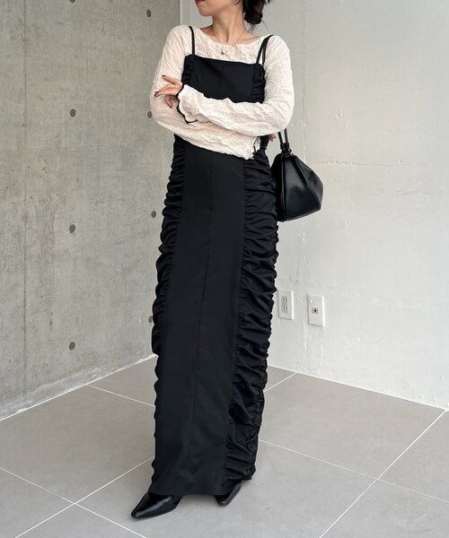 CAPRICIEUX LE'MAGE(カプリシューレマージュ)の「【セレモニーシーンにも◎】ギャザーキャミワンピース(ワンピース・レディース・ホワイト系その他/ブラック・PS/FREE)」の13枚目の写真