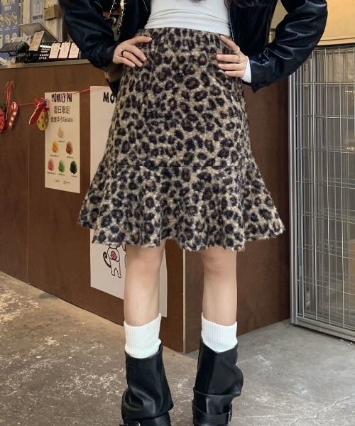 gossip!ロサンゼルス(ゴシップロサンゼルス)の「レオパード柄ハイウエスト ウールライクフリルフレアミニスカート(スカート・レディース・グレー/ブラウン・M)」の12枚目の写真
