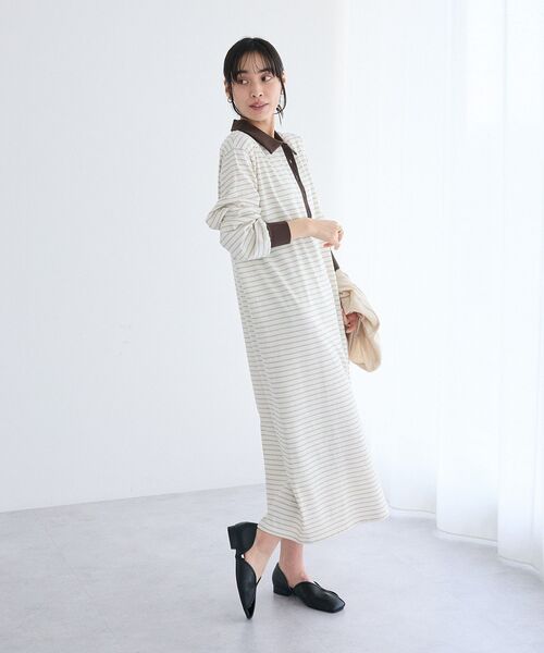 CRAFT STANDARD BOUTIQUE(クラフトスタンダードブティック)の「ポロ衿ボーダーワンピース◆(ワンピース・レディース・アイボリー/ブラウン・M/L)」の6枚目の写真