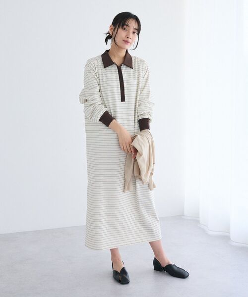 CRAFT STANDARD BOUTIQUE(クラフトスタンダードブティック)の「ポロ衿ボーダーワンピース◆(ワンピース・レディース・アイボリー/ブラウン・M/L)」の2枚目の写真
