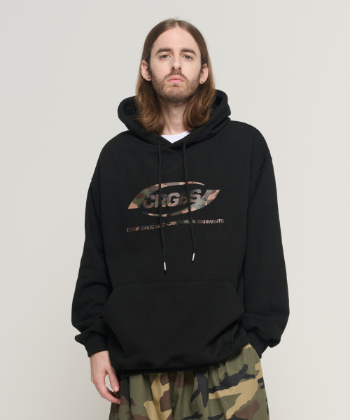 CARGOBROS(カーゴブロス)の「オーバーボックスロゴオーバーフィットフードTシャツ(ブラック/カモ)(パーカー・メンズ・その他・SMALL/MEDIUM/LARGE/X-LARGE/S-M/M-L/L-XL/XL-XXL)」の1枚目の写真