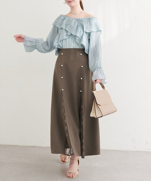 natural couture（ナチュラルクチュール）の「レース切り替えフレアスカート（スカート・レディース・ブラウン/ミント/ブラック/アイボリー・FREE）」の5枚目の写真