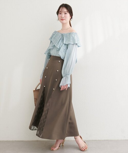 natural couture（ナチュラルクチュール）の「レース切り替えフレアスカート（スカート・レディース・ブラウン/ミント/ブラック/アイボリー・FREE）」の6枚目の写真