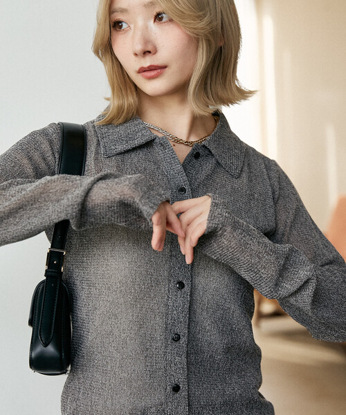 PUBLUX(パブリュクス)の「PUBLUX/パブリュクス メッシュ シャツ カーディガン 限定展開(カーディガン/ボレロ・レディース・ブラウン/ブラック/チャコールグレー・フリ-)」の5枚目の写真